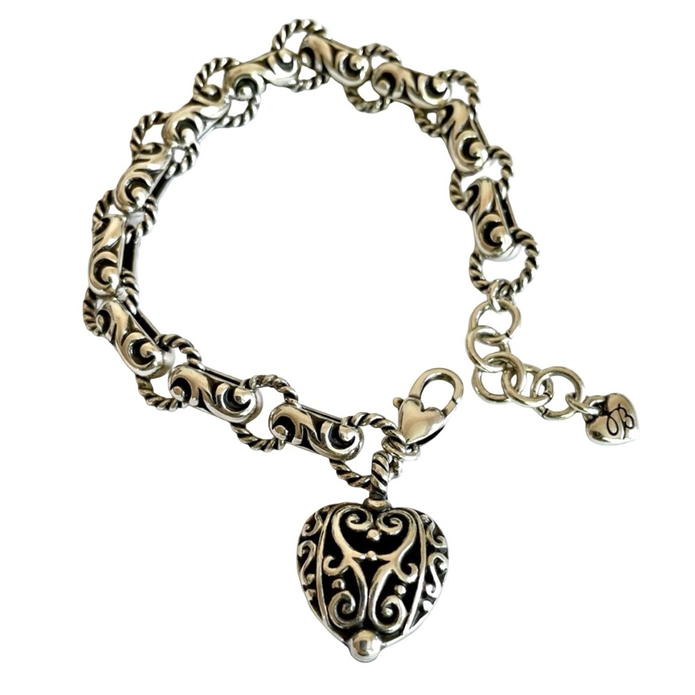 Retired Brighton Silver Bibi Scroll Intricate Open Scroll Heart Charm Bracelet